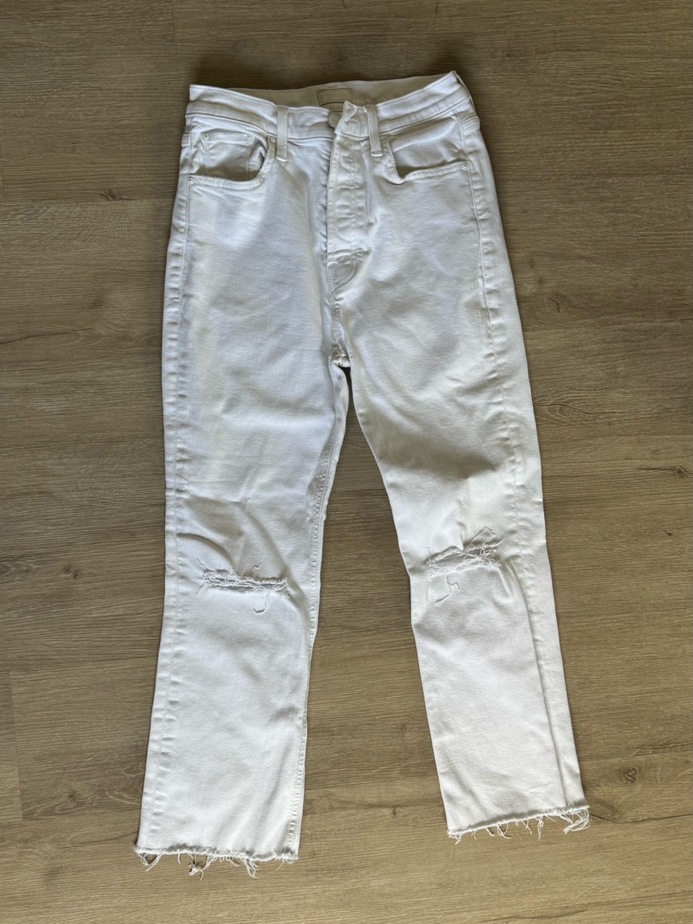 MOTHER White Distressed Raw Hem Jeans